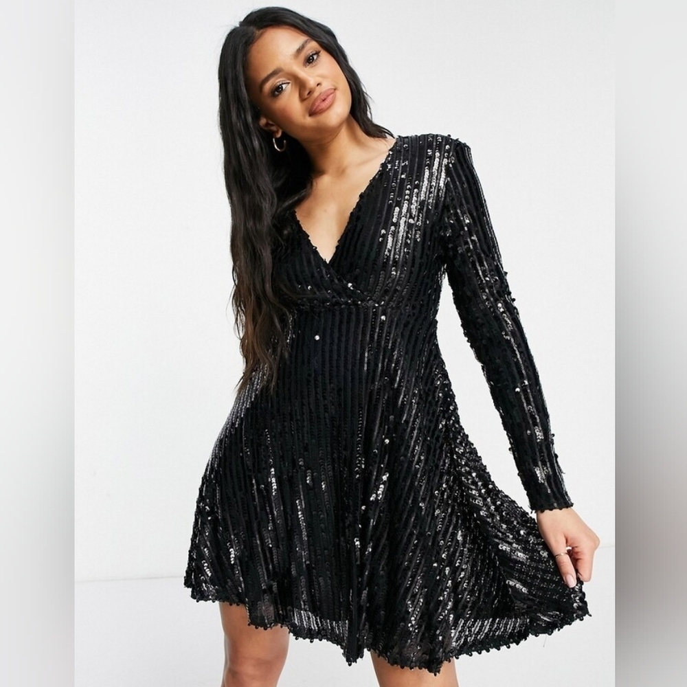 ASOS Club L London wrap front sequin skater dress in black